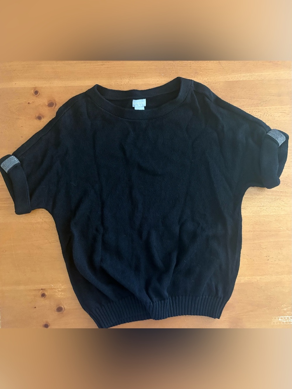 Chico’s Women’s  Short Sleeve Black Sweater with Embellished  Sleeves, Size 1